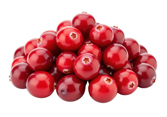 A generous pile of fresh, vibrant red cranberries, plump, glossy with light reflections and distinctive navels, on a transparent background, illuminated by crisp studio lighting, high-angle shot,