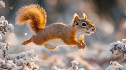 Obraz premium Agile squirrel jumping between snow covered branches in a winter forest
