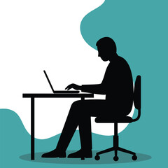 Silhouette Man Working Laptop Desk Office