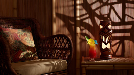 An atmospheric tiki bar corner with a rattan chair, a tropical cocktail, and a glowing tiki idol lamp. Leaf shadows create a relaxing, exotic vibe.