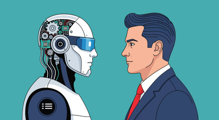 Side-by-Side Contrast of Humanoid Robot Head and Human in Suit — Symbolic Illustration of Artificial Intelligence, Human Identity, and Technological Collaboration