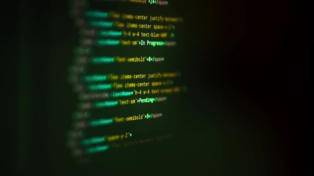 Programming Code Screen computer software Interface glowing syntax lines in dark environment