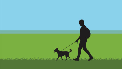 Man Walking Dog, Backpack, Green Field