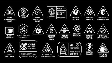 Set of sci-fi hazard warning signs and interface labels featuring AI, radiation, neural and viral threats, designed in brutalist cyberpunk aesthetic