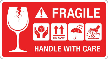 Fragile Packaging Label with Handle with Care Instructions and Shipping Safety Symbols on a Red Background