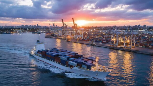 Sunrise glistens on the ocean as bustling port facilities and container ships kickstart the day's logistics operations.