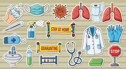 Illustration depicting Coronavirus safety measures and medical equipment for healthcare awareness and preventative actions