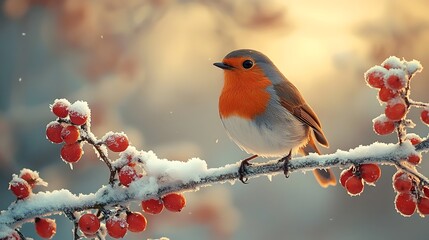 A vibrant robin perched on a snow covered branch