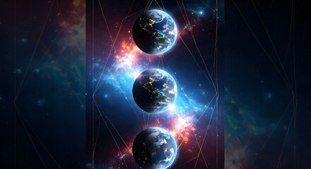 Cosmic Alignment Three Earths Suspended in a Sacred Geometry Web.