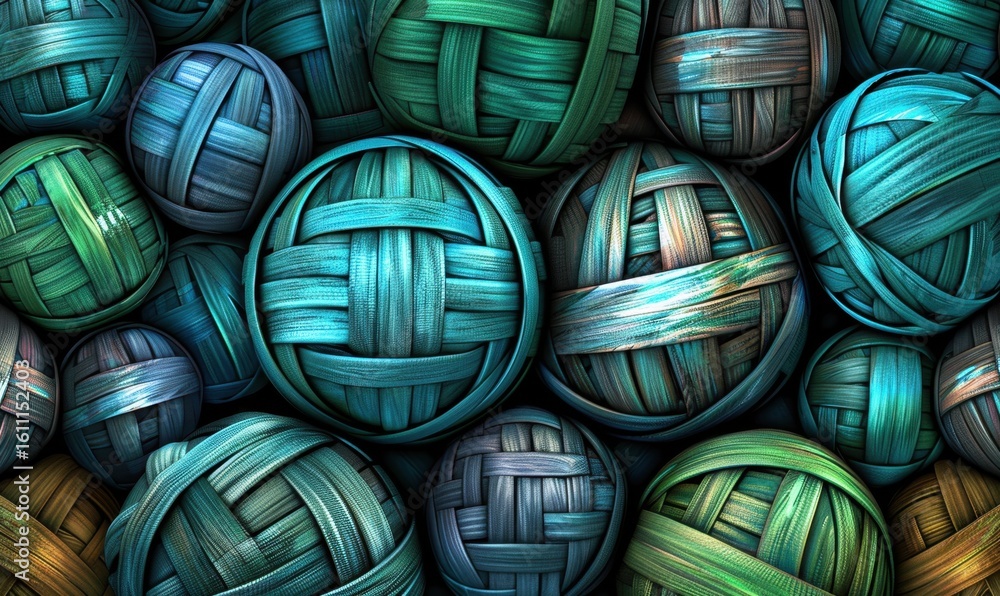 Aufkleber abstract woven balls in blue and green color scheme with intricate patterns