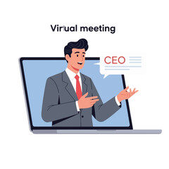 Man in suit presents from a laptop screen, labeled as CEO, during a virtual meeting.
