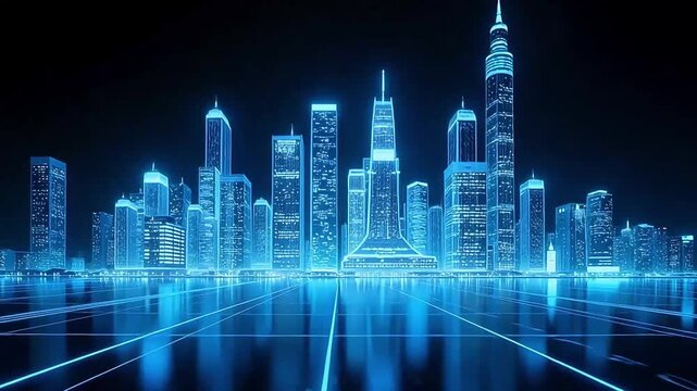 Futuristic city skyline neon lights glowing cityscape urban landscape architecture buildings design