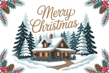 Cozy winter cabin decorated for Christmas with pine trees and snow  