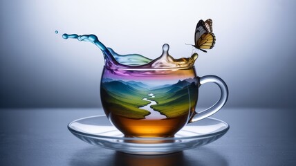 Colorful tea splash with butterfly in clear glass cup on saucer  