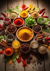 Fototapeta premium Colorful assortment of spices arranged in a circular pattern on a wooden table