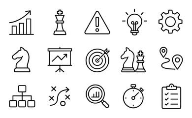 Business strategy line icons set with chess pieces, graph, target, gear, checklist, lightbulb, vector