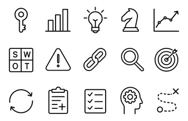 Fototapeta premium Business strategy and SWOT analysis line icons set with key, chart, light bulb, risk, target, vector