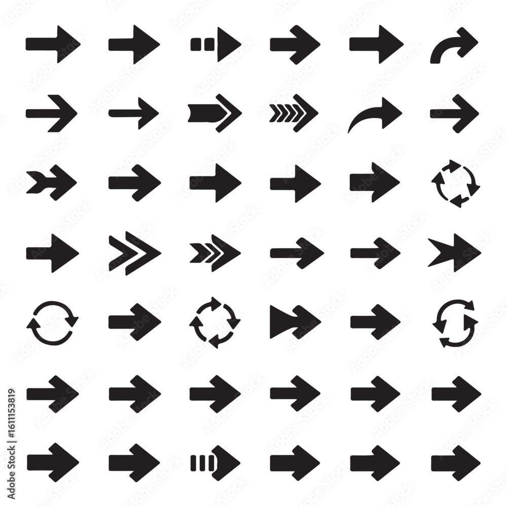 Poster diverse collection of arrow vector graphics presenting directional and rotational symbols for design