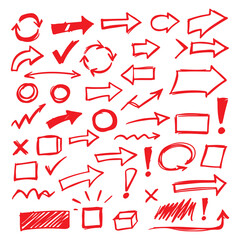 Assorted Hand Drawn Red Arrows and Symbols Collection Representing Directions and Indications with Different Styles and Shapes on White Backdrop