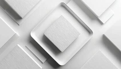  White background with square and triangular shapes, 3D rendering of geometric shape decoration, minimalist style, white color scheme, three-dimensional composition, symmetrical layout, top-down view,