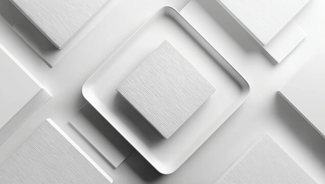  White background with square and triangular shapes, 3D rendering of geometric shape decoration, minimalist style, white color scheme, three-dimensional composition, symmetrical layout, top-down view,
