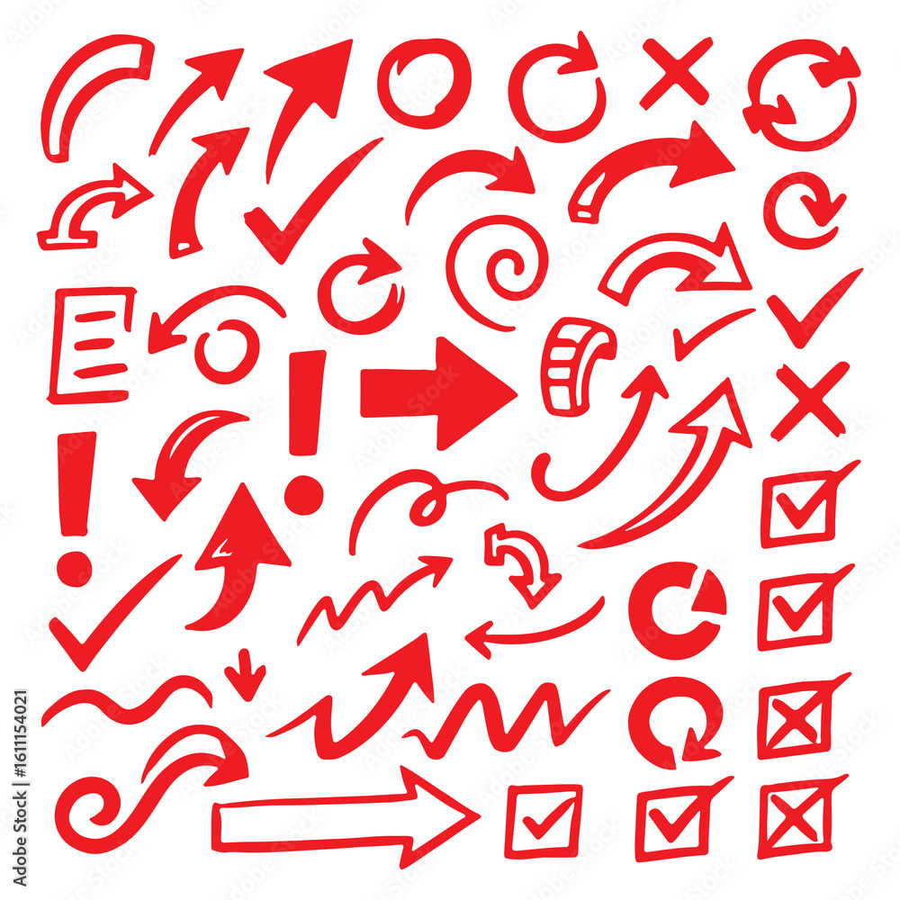 Poster a collection of red hand drawn arrows and checkmarks scribbled on white background for emphasis and 