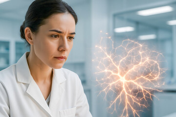 Focused scientist analyzing a glowing neural structure in a modern lab setting, representing digital brain research, artificial intelligence development, advanced technology in scientific innovation