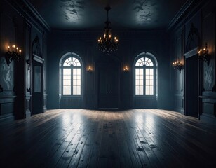 Dark, opulent interior with arched windows