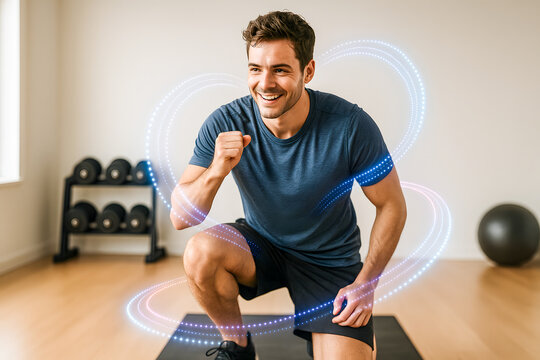 Athletic young man training indoors with glowing AI-powered tracking visuals swirling around him, symbolizing smart fitness technology, personalized workout analytics, and the fusion of health