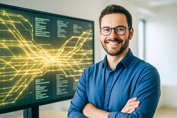Smiling and confident IT professional standing in front of a large digital screen displaying abstract yellow data lines and code, representing modern network systems, cybersecurity