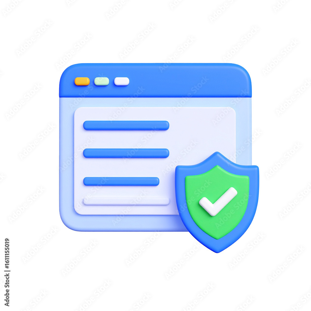 Poster 3d render of a web page with a green shield, security, and verification symbol