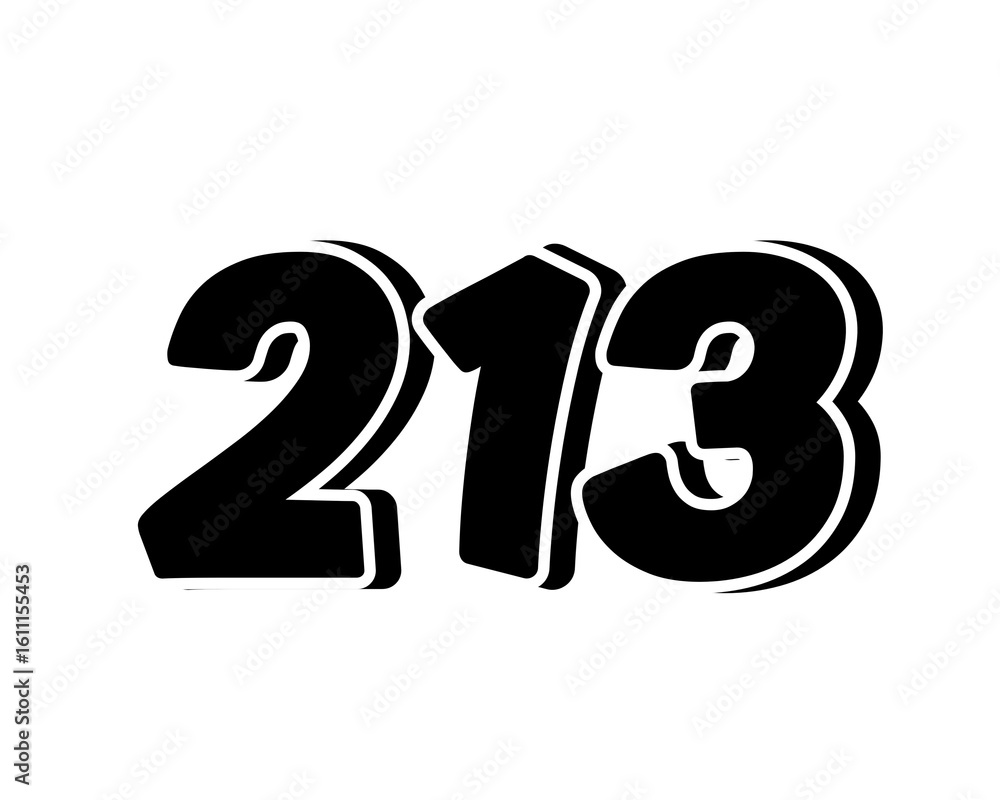 Poster black number 213 on transparent background, with a bold, 3d appearance and shadow effects for added 