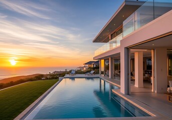 Fototapeta premium Luxury villa with an infinity pool overlooking the ocean at sunset with a stunning sky
