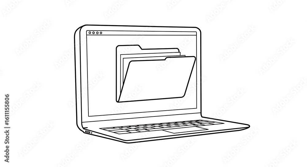 Poster minimalist line art of a computer with a digital folder, symbolizing office work, document storage, 