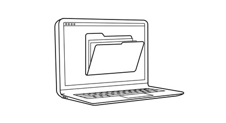 Minimalist line art of a computer with a digital folder, symbolizing office work, document storage, and business administration.