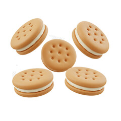 Fototapeta premium Multiple delicious cream sandwich biscuits with textured tops are playfully scattered, inviting a sweet treat.