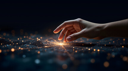 Hand hovers over sparkling digital network, creating a vibrant glow. Symbolizes connectivity, innovation, technology, and the future of interaction.