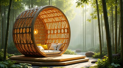 Large woven pod daybed with cushions on a wooden platform in a tranquil, sunlit bamboo forest. Offers a peaceful space for relaxation and meditation amidst nature.