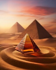 Glass pyramid on sand with ancient pyramids during sunset  