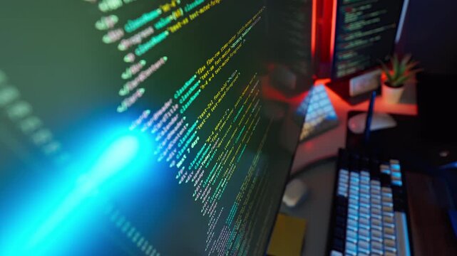 Cyber coding remote workstation digital studio with colorful color lights
