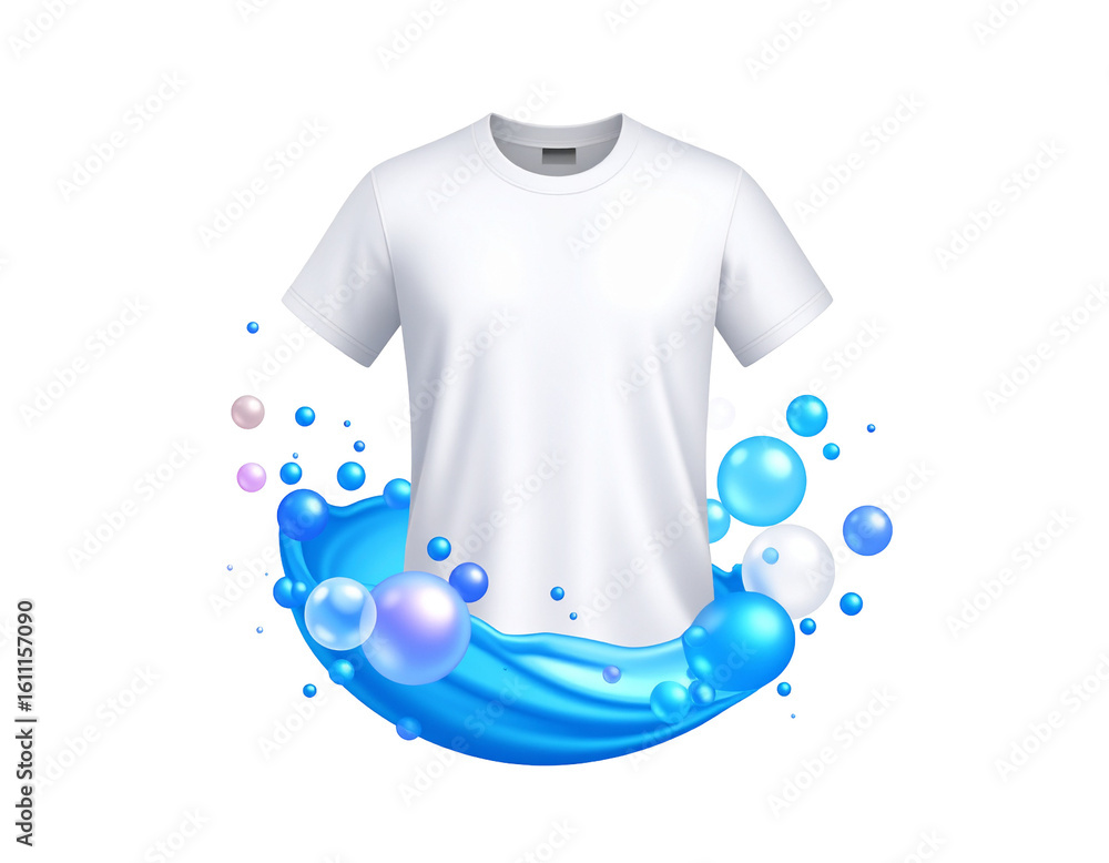 Poster clean apparel floating in a swirl of freshness with vibrant spheres and a dynamic fluid motion.