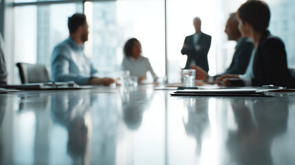 Obraz na płótnie Canvas A blurred view of a business meeting with people sitting around a table in a modern office space