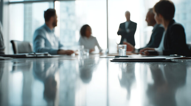 A blurred view of a business meeting with people sitting around a table in a modern office space