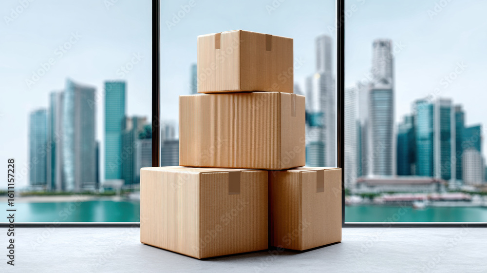 Poster stack of moving boxes by glass wall overlooking city skyline, creating modern and organized atmosphe