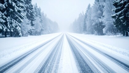 Minimalist snowy road surrounded by frosty pine trees with soft mist in the background
