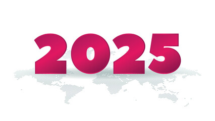 2025 year sign with World Map background. Magenta gradient symbol. Vector illustration element for decoration, web design, infographics, global event, media, presentation