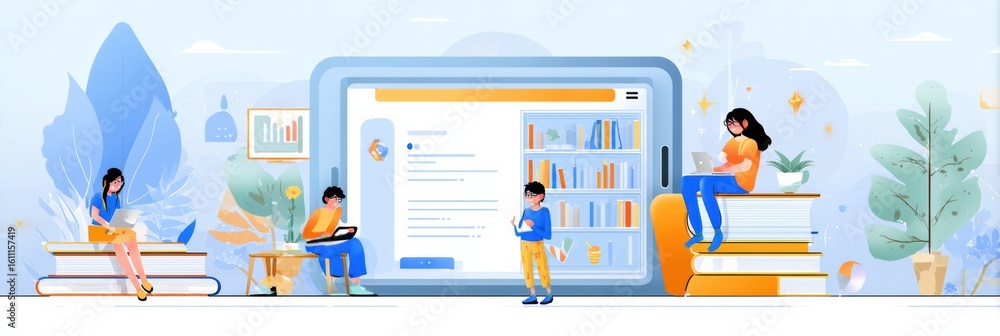 Poster interface mockup showcasing an ai-assisted homework application with cartoon elements and engaging b