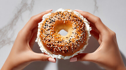 Top view of hands holding bagel topped with cream cheese and sprinkled with sesame seeds, showcasing delicious breakfast option. warm tones and textures create inviting atmosphere