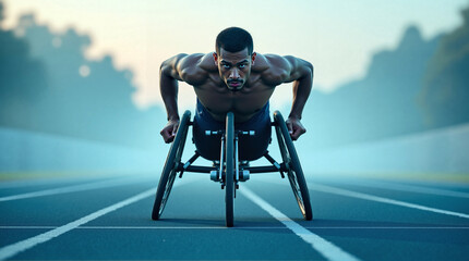 Muscular athlete powerfully propels racing wheelchair on track, embodying strength, resilience, and the spirit of para-athletics in overcoming challenges.