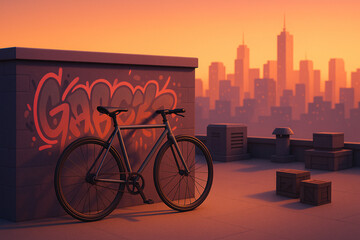 Fixed gear bicycle on urban rooftop at sunset, city skyline in background, graffiti wall, modern city life vibe, calm orange lighting, flat design urban freedom illustration
